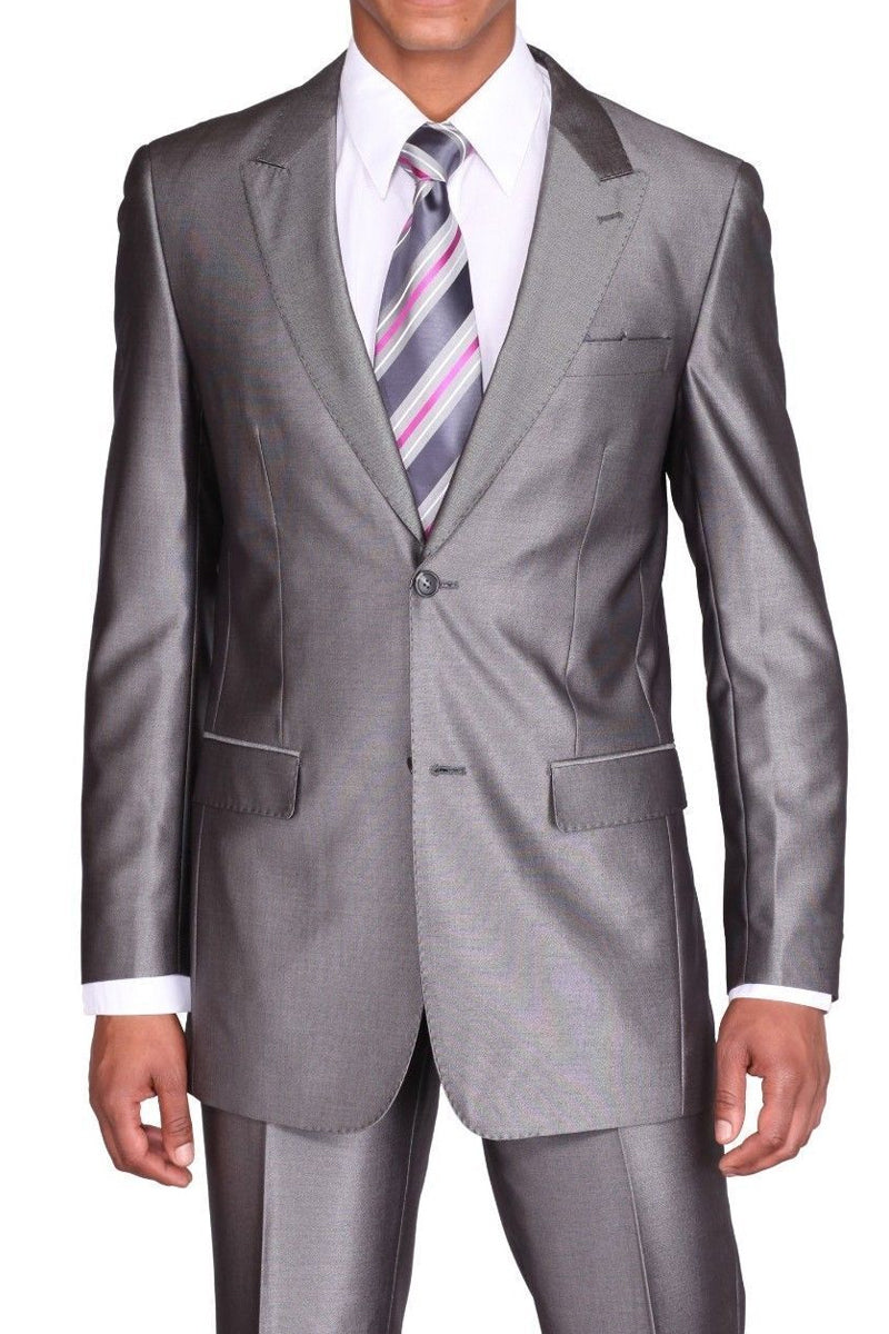 "Sharkskin Slim Fit Suit for Men - Grey, 2 Button Peak Lapel" - 42 Long