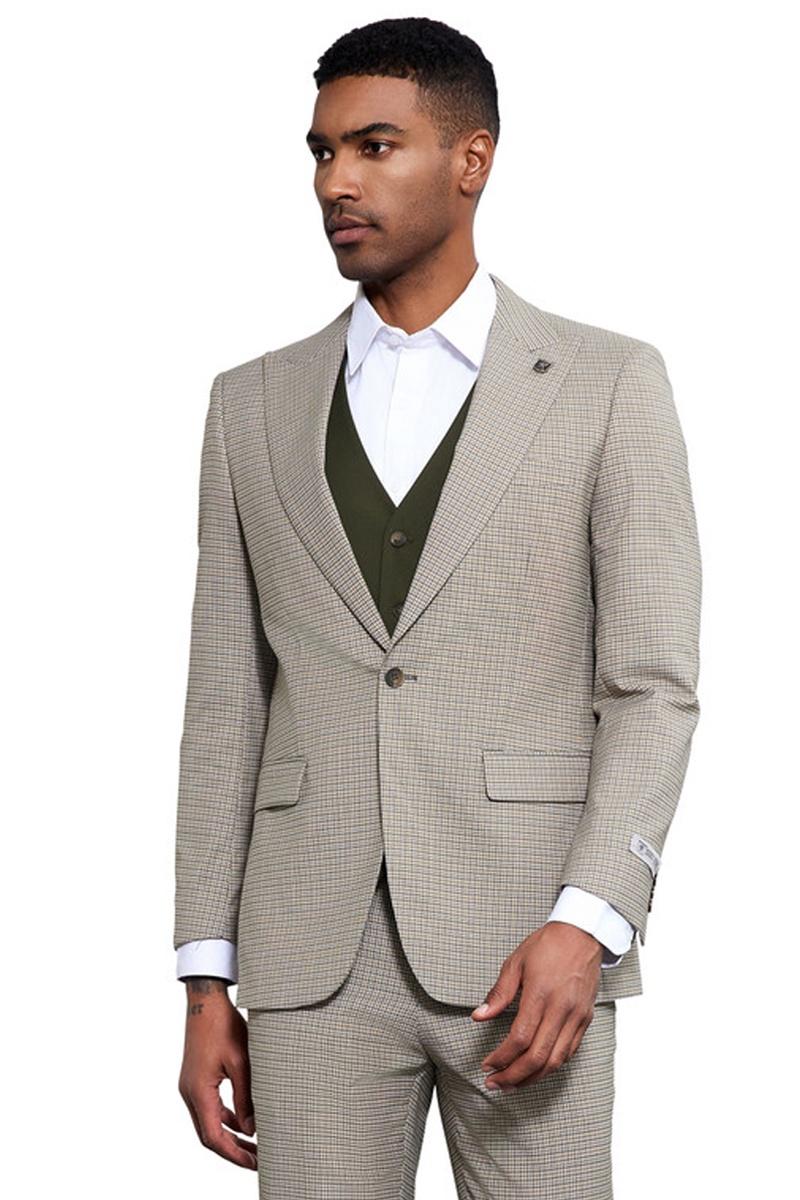 Men's Stacy Adams One Button Peak Lapel Vested Micro Check in Sage Green with an Olive Green Vest - 38 Regular