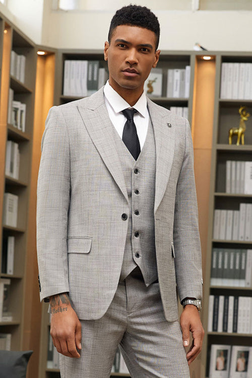 "Mens Stacy Adams Suit-Stacy Adam's Suit Men's Grey Windowpane Plaid Suit - One Button, Peak Lapel, Vested"