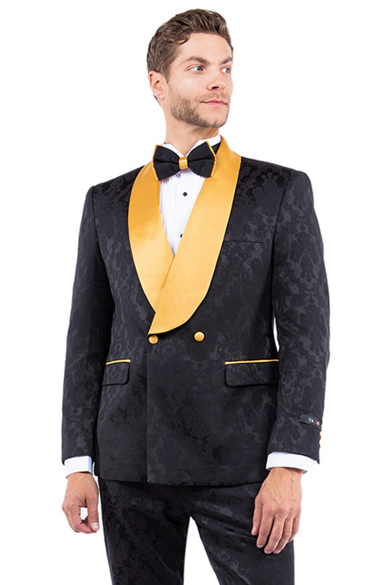 "Men's Slim Fit Paisley Smoking Jacket - Double Breasted Black & Gold Tuxedo" - 34 Short
