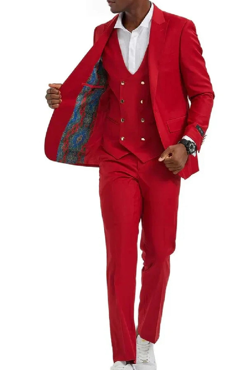 "Red Men's Suit with Gold Buttons - One Button Peak Lapel Vested" - 34 Short