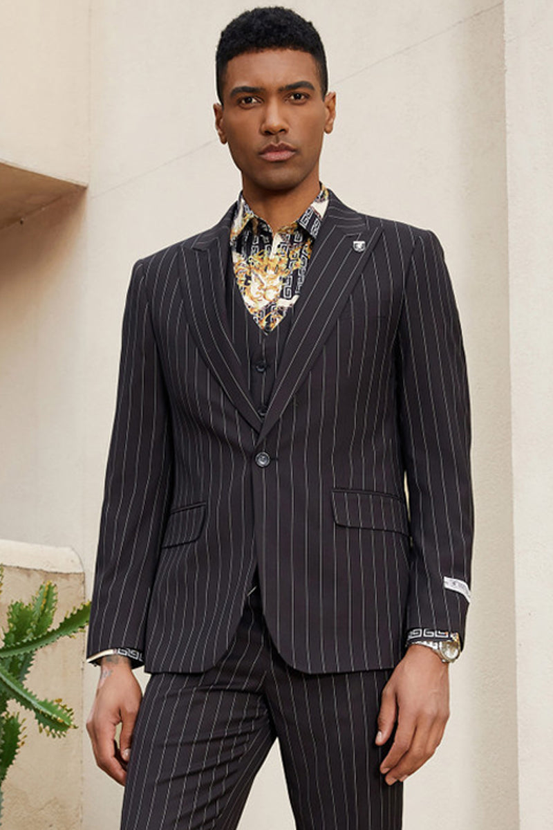 "Mens Stacy Adams Suit -Stacy Adams  Suit Men's Modern Black Pinstripe Vested Suit - One Button" - 34 Short