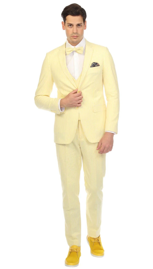 Ferrecci Cotton Slim Fit Yellow Notch Lapel 2 Button Seersucker Suit Vest Optional