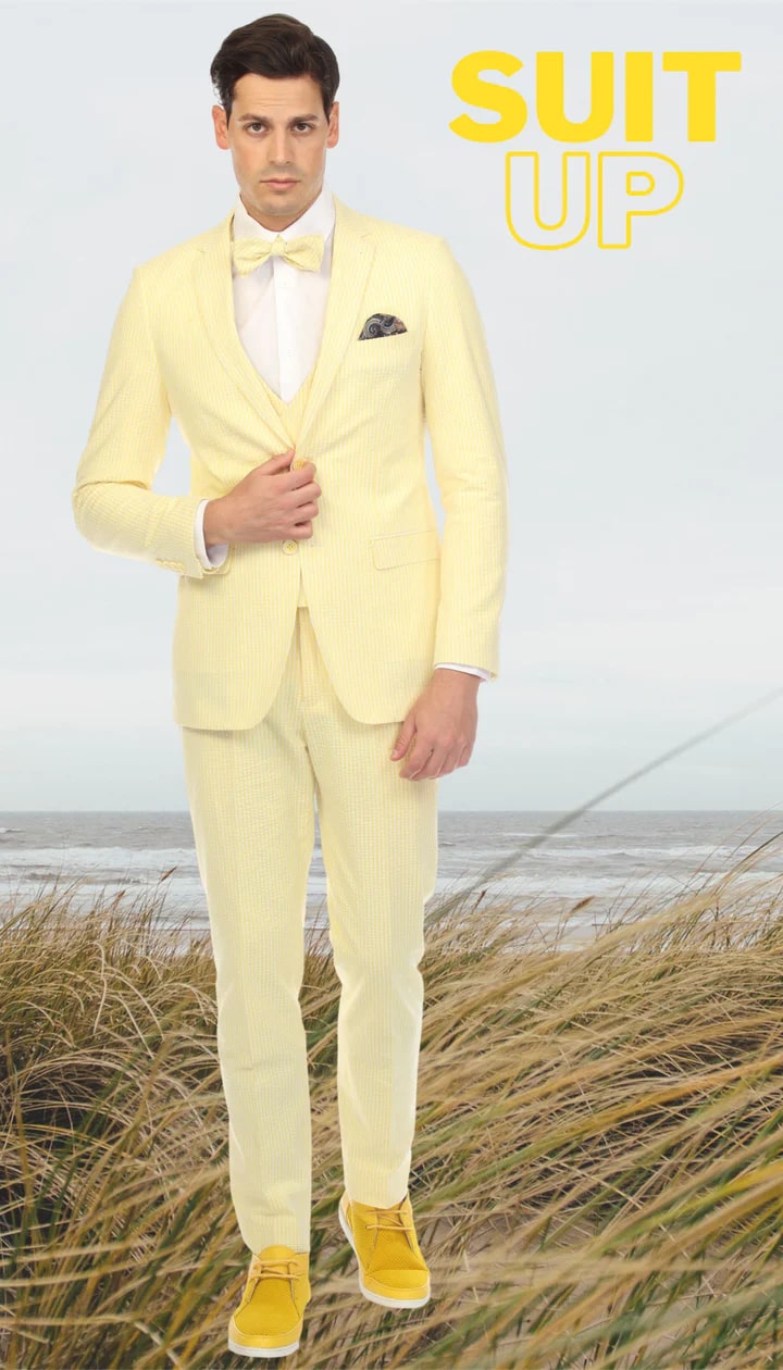 Ferrecci Cotton Slim Fit Yellow Notch Lapel 2 Button Seersucker Suit Vest Optional - 38 Short Jacket+32 Waist Adjustable 28to34)(Height: 5 4 to5 7 )(Neck  15-16.5)S-M)