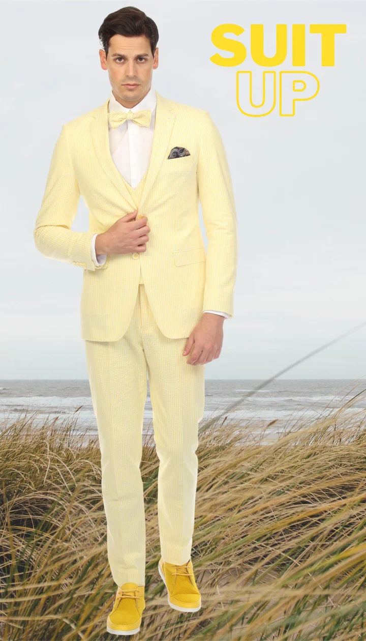 Ferrecci Cotton Slim Fit Yellow Notch Lapel 2 Button Seersucker Suit Vest Optional