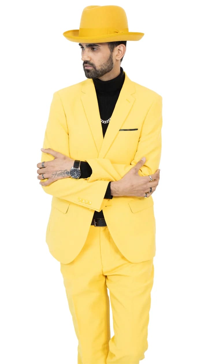 Paul Lorenzo Mens Yellow Slim Fit 2 Piece Suit - 38 Short Jacket+32 Waist Adjustable 28to34)(Height: 5 4 to5 7 )(Neck  15-16.5)S-M)