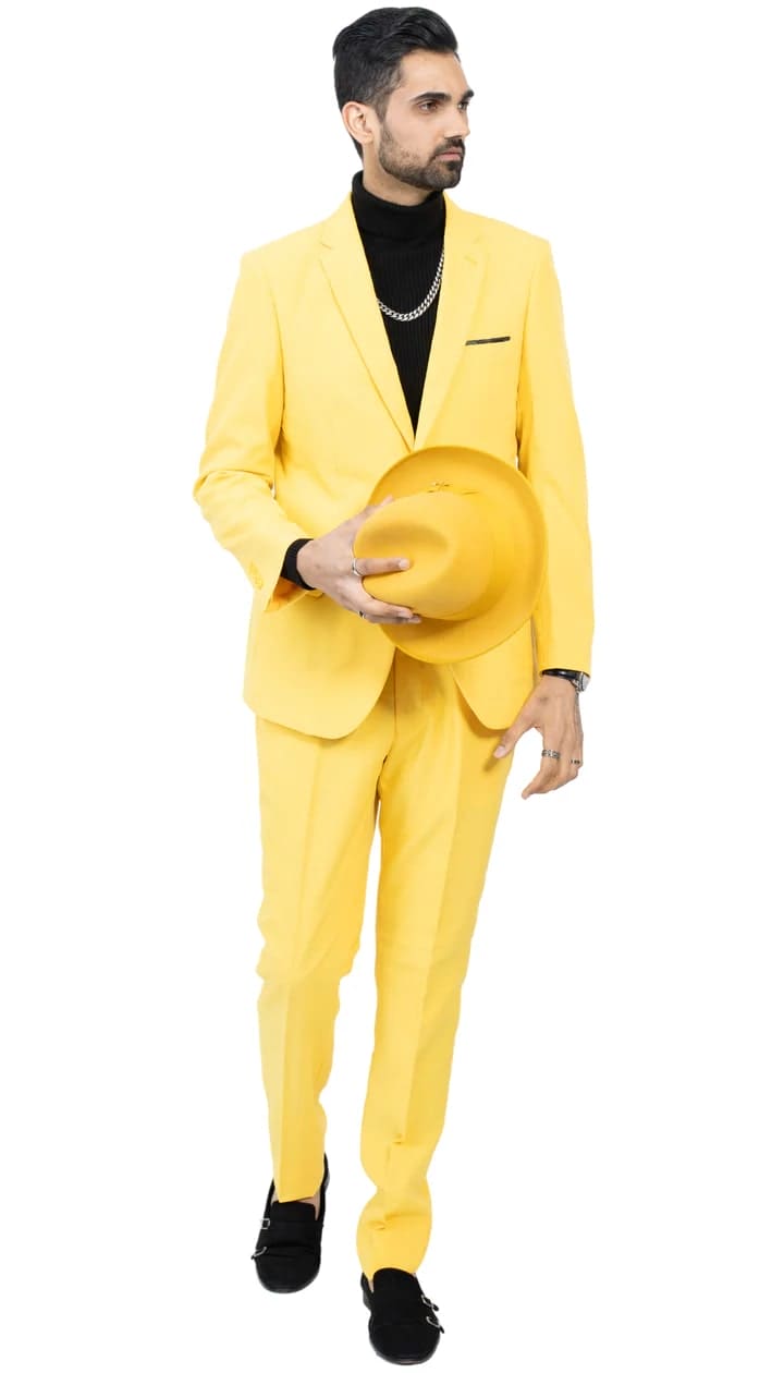 Paul Lorenzo Mens Yellow Slim Fit 2 Piece Suit - 38 Short Jacket+32 Waist Adjustable 28to34)(Height: 5 4 to5 7 )(Neck  15-16.5)S-M)