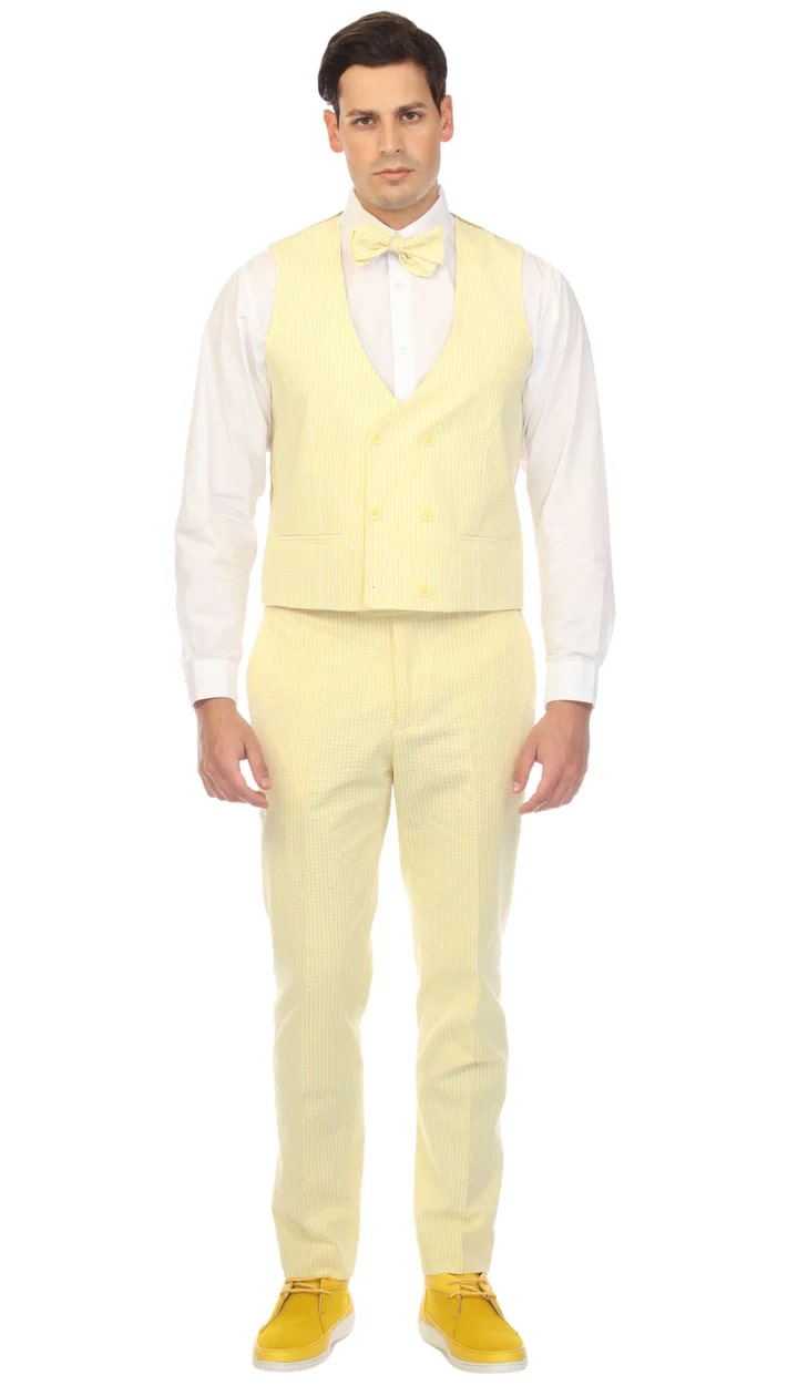 Ferrecci Cotton Slim Fit Yellow Notch Lapel 2 Button Seersucker Suit Vest Optional - 38 Short Jacket+32 Waist Adjustable 28to34)(Height: 5 4 to5 7 )(Neck  15-16.5)S-M)