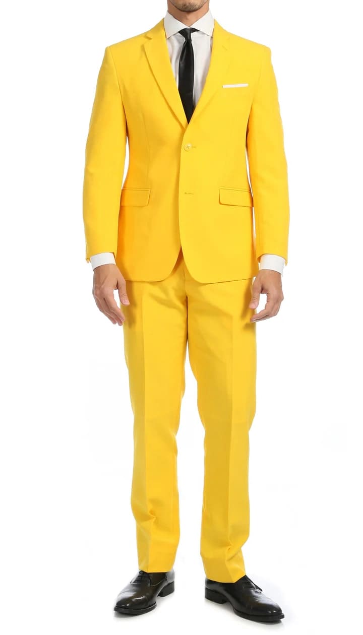 Paul Lorenzo Mens Yellow Slim Fit 2 Piece Suit - 38 Short Jacket+32 Waist Adjustable 28to34)(Height: 5 4 to5 7 )(Neck  15-16.5)S-M)