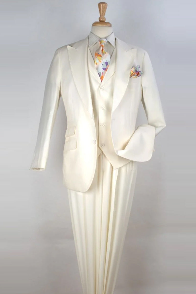 "Super 150's Merino Wool Men's Suit - White, Wide Peak Lapel, Vested"