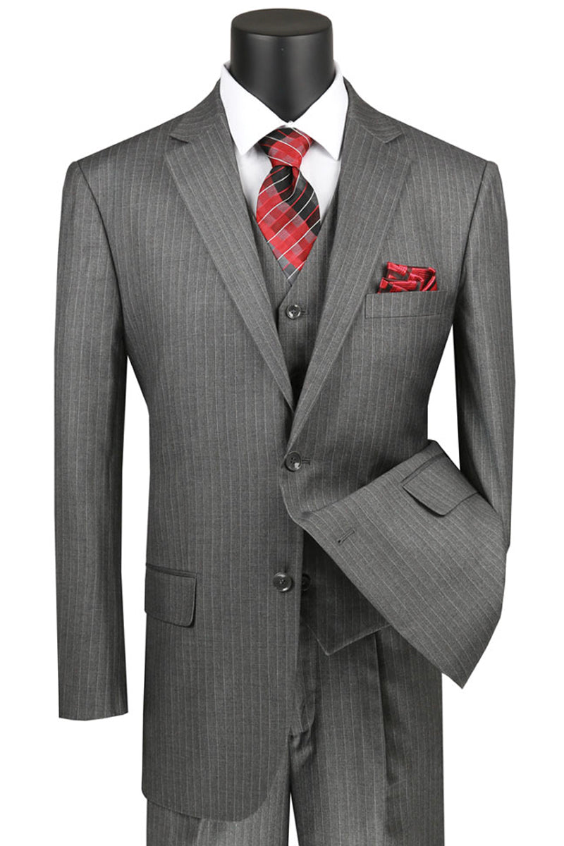 Mens Classic Vested Pinstripe Suit in Medium Grey - 36 Short