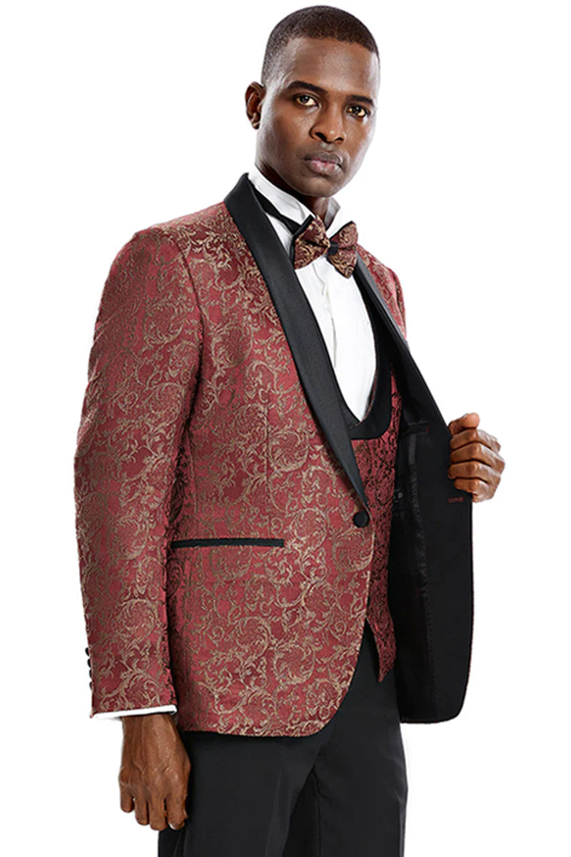 "RED & GOLD PAISLEY MEN'S ONE BUTTON VESTED SHAWL TUXEDO FOR PROM & WEDDING"