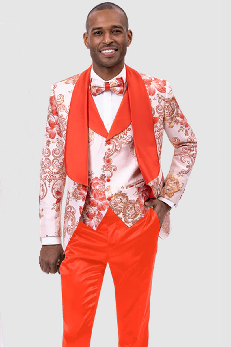"Orange Paisley Prom Tuxedo with Shawl Lapel - Men's Vested Suit"
