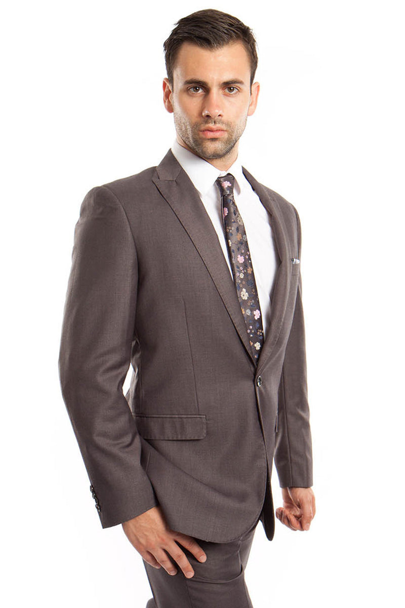 "Grey Men's Slim Fit Suit with One Button Peak Lapel"