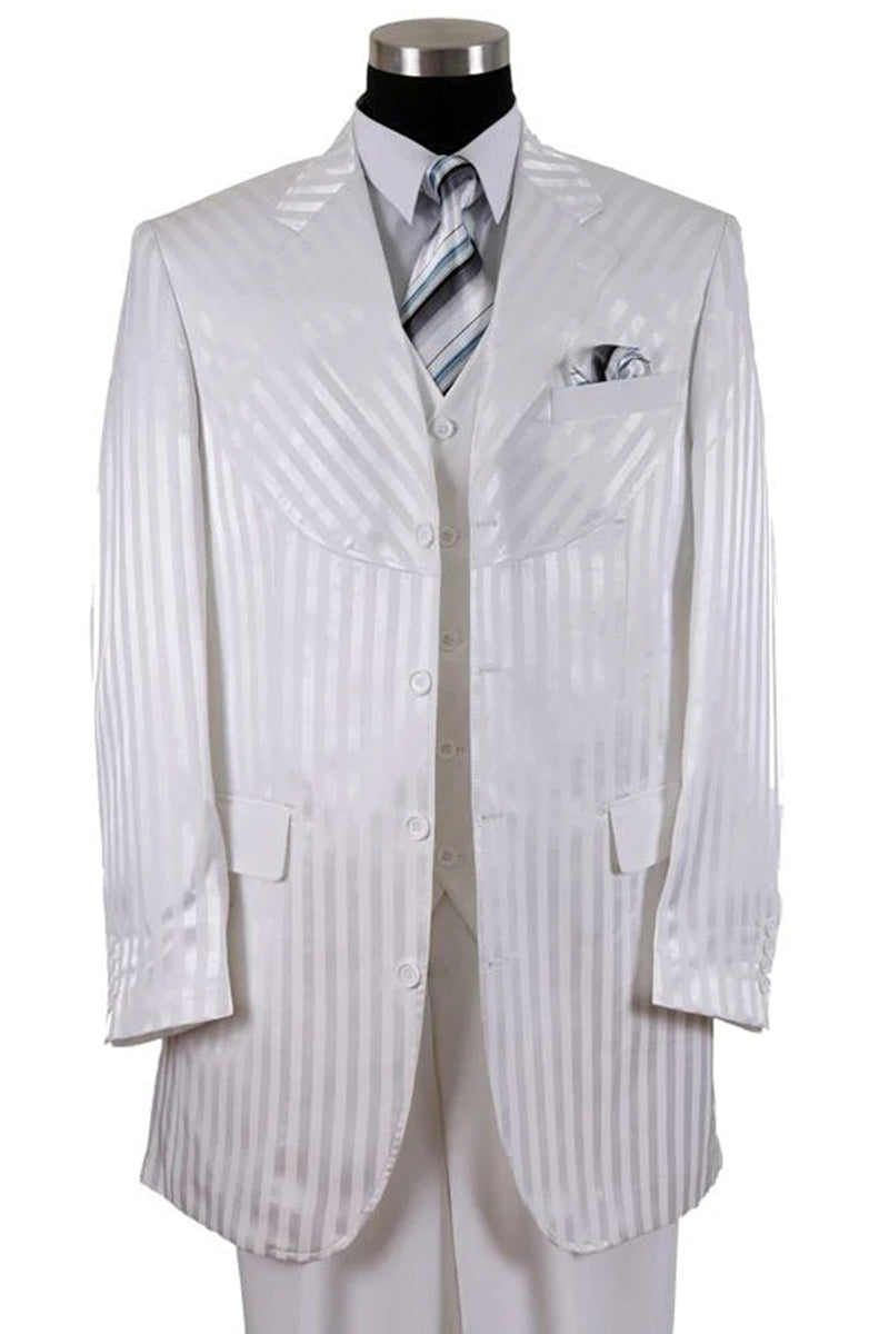 "White Men's Fashion Suit - 4 Button, Semi Wide Leg, Shiny Tonal Stripe"