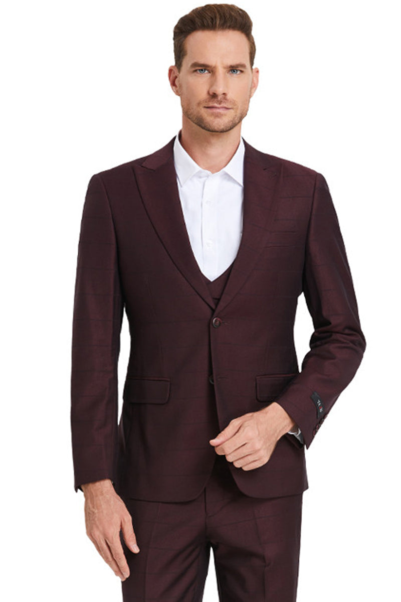 "Sharkskin Suit Men's - Burgundy Windowpane Plaid, Two Button Vested Peak Lapel" - 34 Short