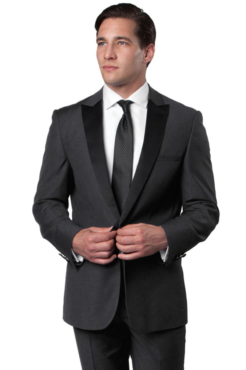 "Charcoal Grey Men's Slim Fit Wedding Tuxedo with One Button Peak Lapel"