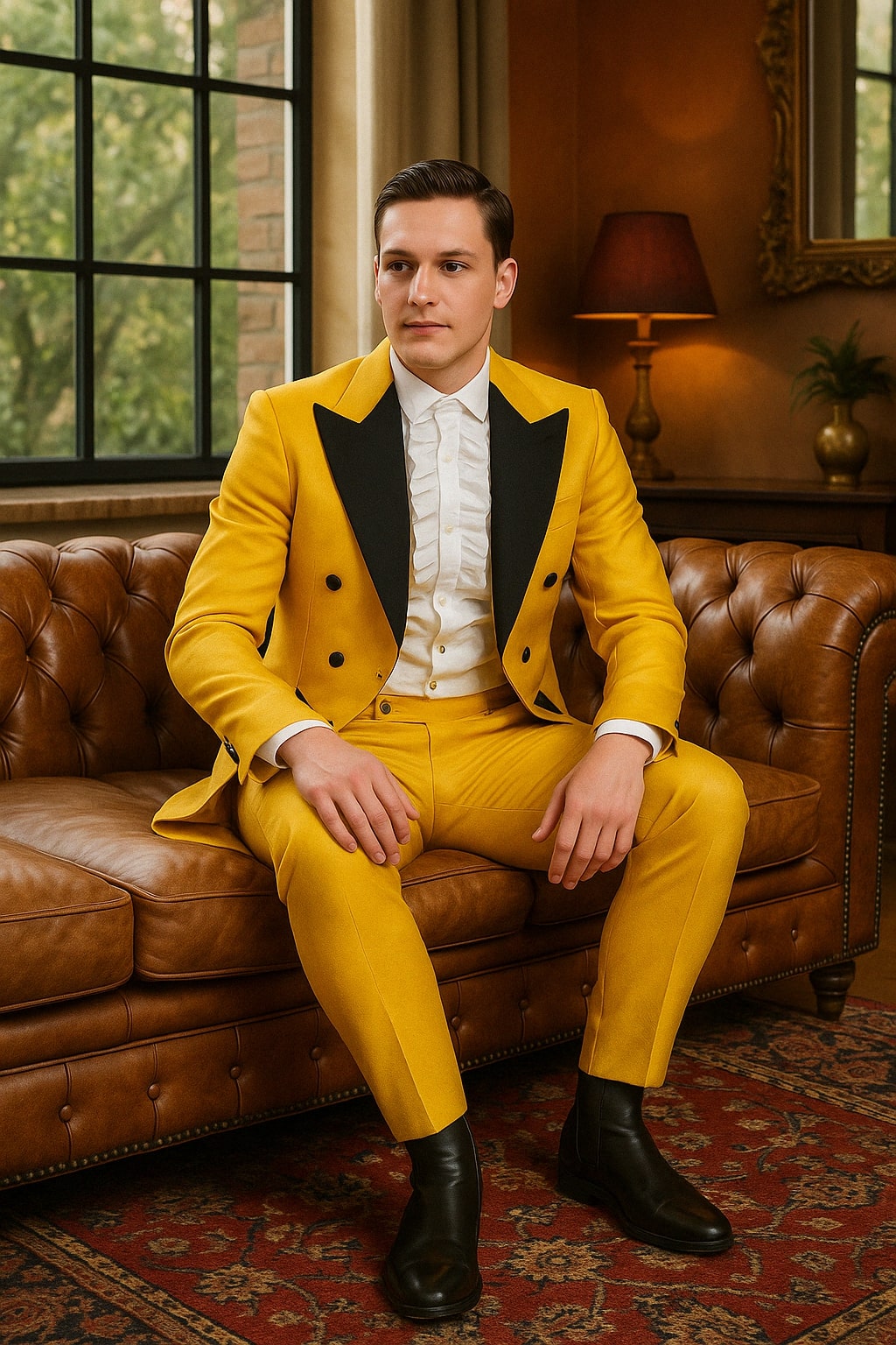 Mens Yellow Tailcoat Tuxedo with Black Lapel and Brocade Detailing â€“ Formal Vintage Style Suit - 34 Short or Extra Small