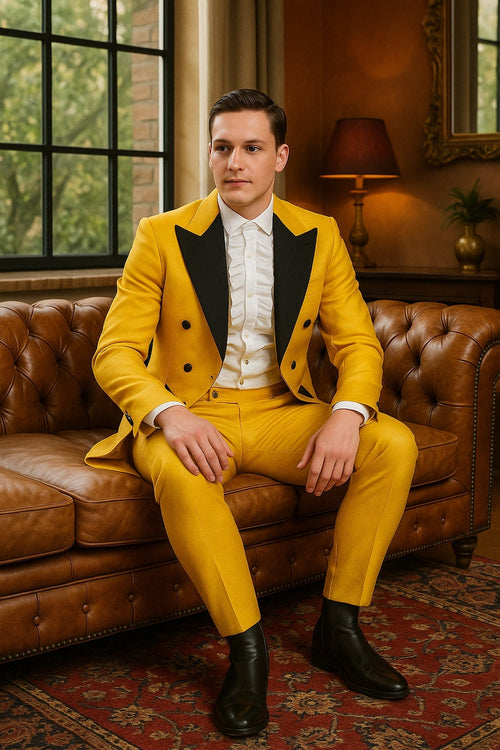 Mens Yellow Tailcoat Tuxedo with Black Lapel and Brocade Detailing Formal Vintage Style Suit