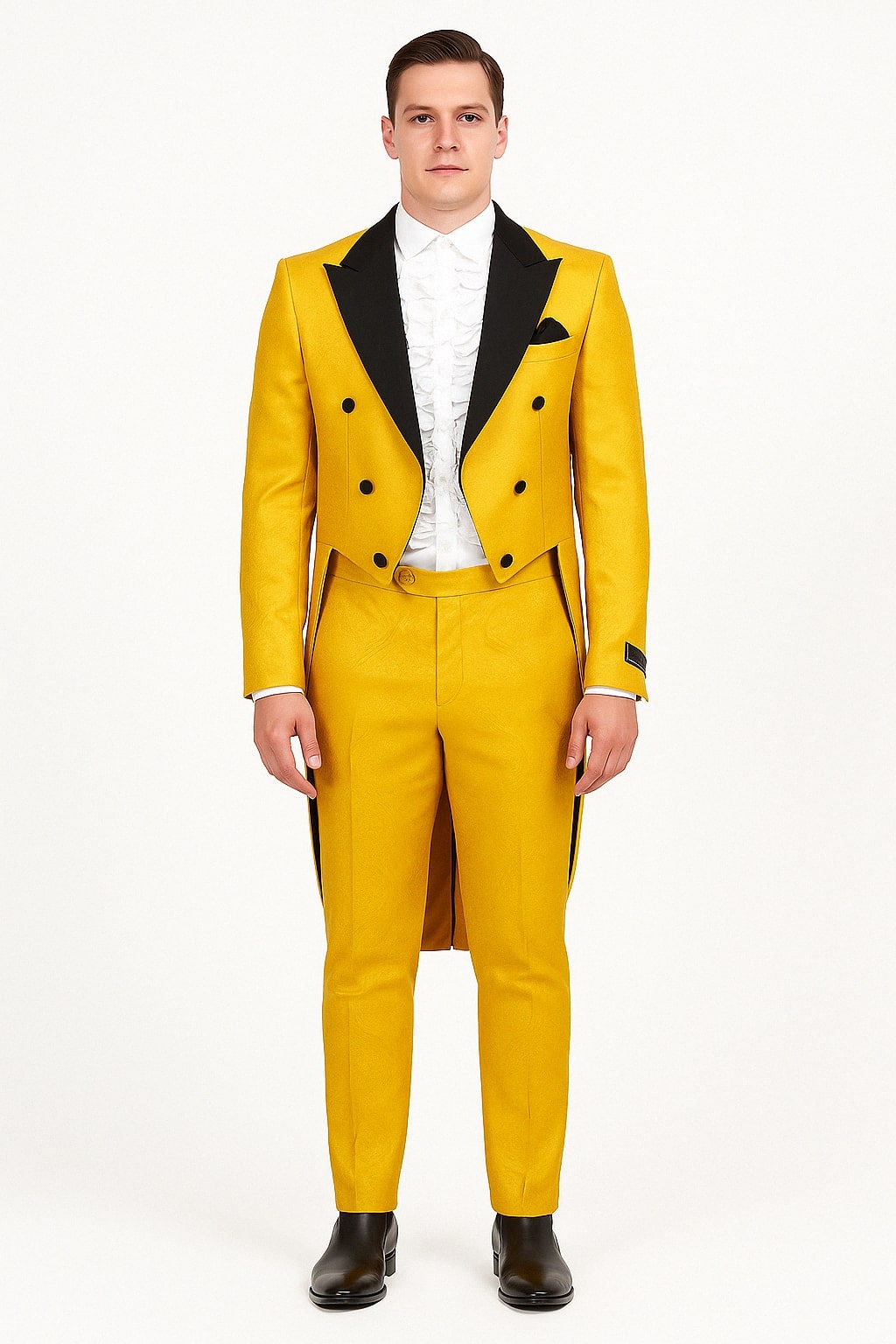 Mens Yellow Tailcoat Tuxedo with Black Lapel and Brocade Detailing – Formal Vintage Style Suit - 36