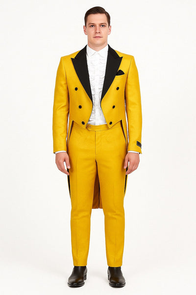 Mens Yellow Tailcoat Tuxedo with Black Lapel and Brocade Detailing Formal Vintage Style Suit