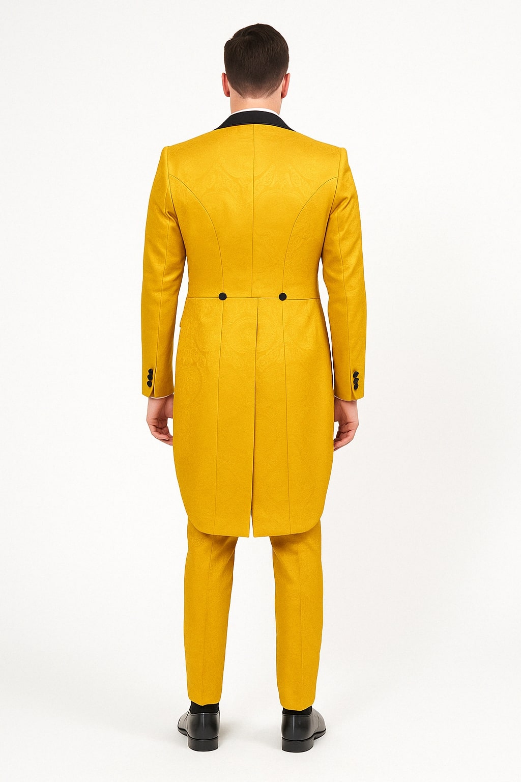 Mens Yellow Tailcoat Tuxedo with Black Lapel and Brocade Detailing â€“ Formal Vintage Style Suit - 34 Short or Extra Small