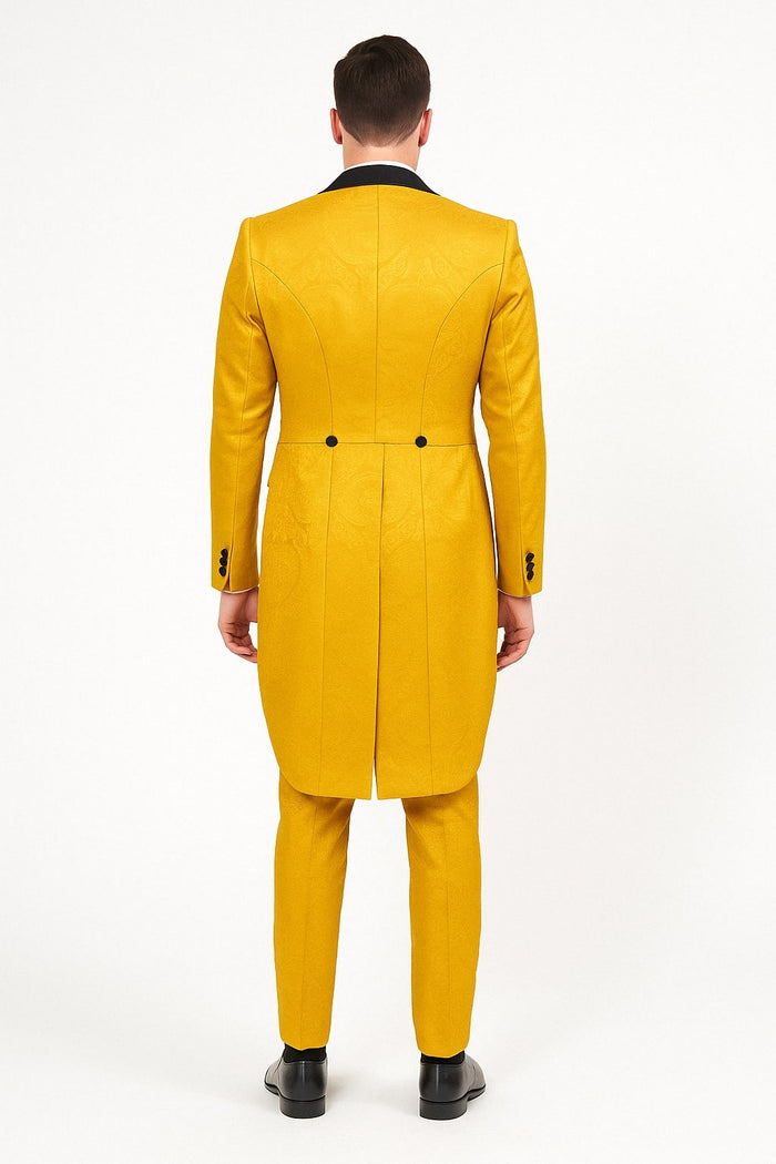 Mens Yellow Tailcoat Tuxedo with Black Lapel and Brocade Detailing Formal Vintage Style Suit