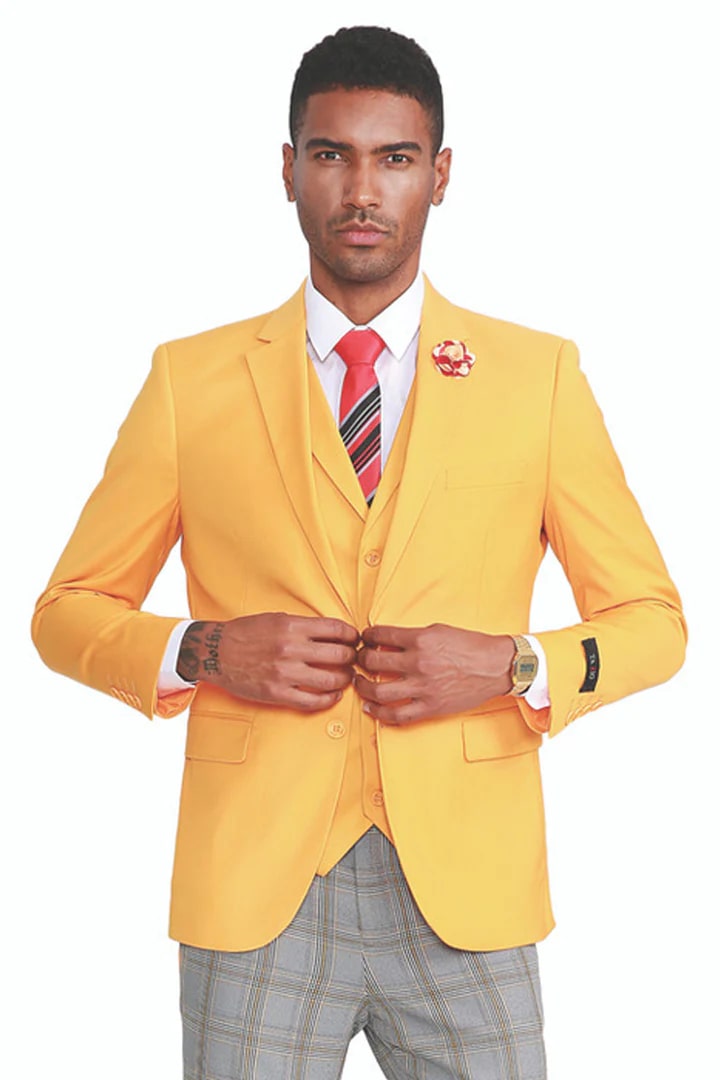 Cheap Suit - Men's Two  Button Vested Peak Lapel Suit Canary Yellow With   Yellow Plaid Pants - 38 Short Jacket+32 Waist Adjustable 28to34)(Height: 5 4 to5 7 )(Neck  15-16.5)S-M)