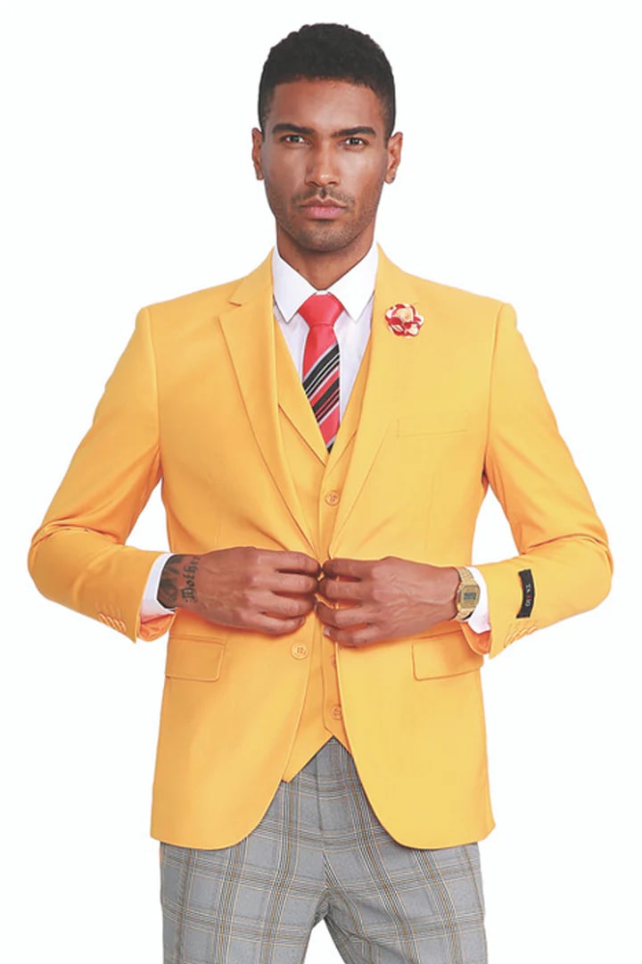 Cheap Suit - Men's Two  Button Vested Peak Lapel Suit Canary Yellow With   Yellow Plaid Pants - 38 Short Jacket+32 Waist Adjustable 28to34)(Height: 5 4 to5 7 )(Neck  15-16.5)S-M)