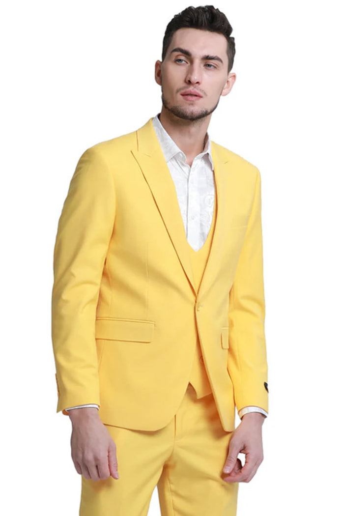 Cheap priced Suit  - Men's Slim Fit One Button Peak Lapel Low Cut Double Breasted Vest Wedding Yellow Suit