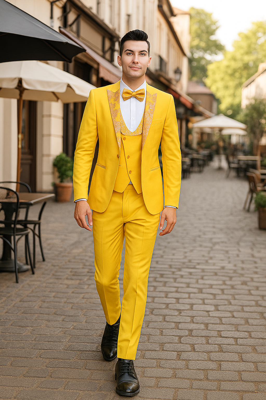 Radiant Golden Bloom Mens 3-Piece Suit with Floral Peak Lapel - 36 Short