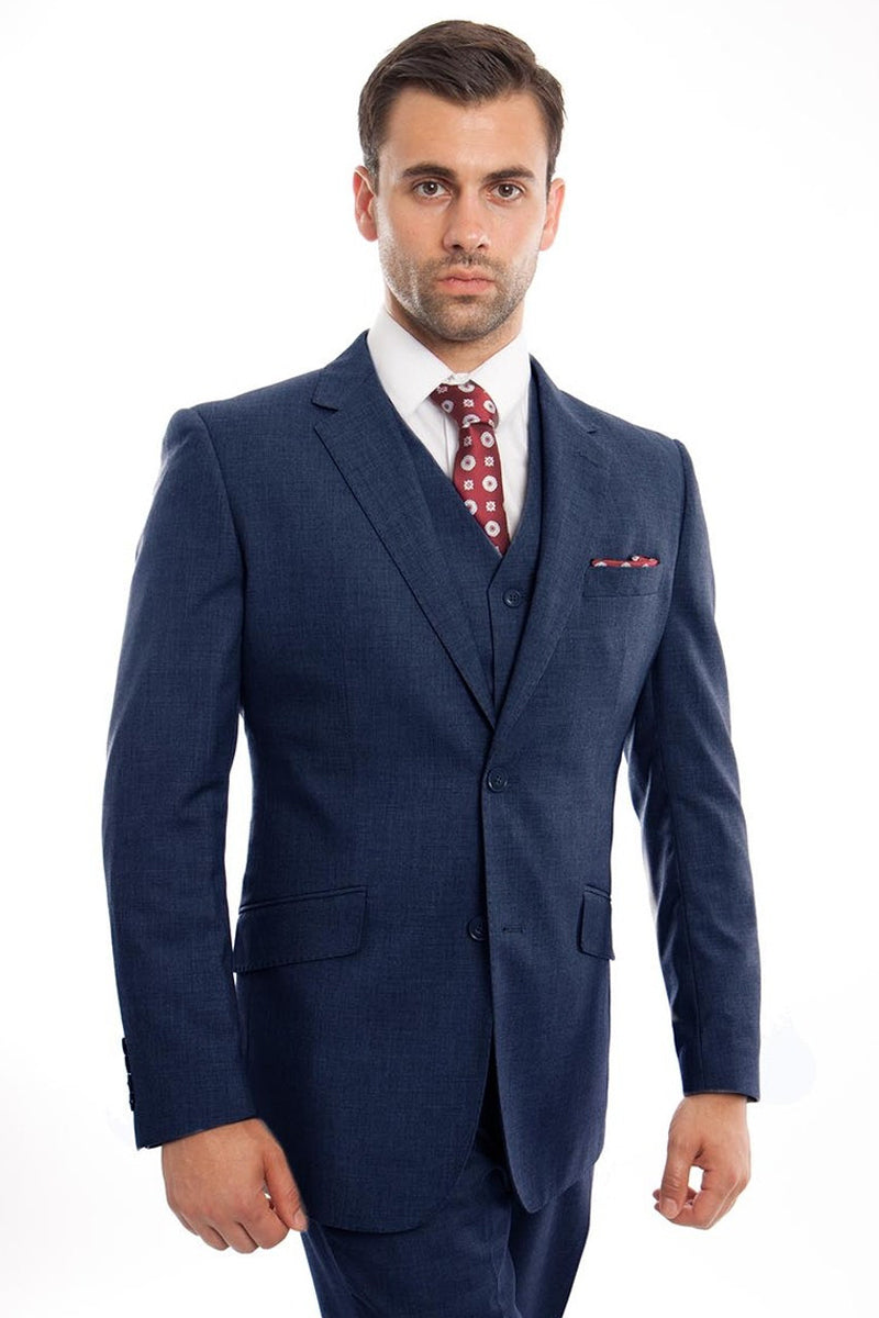"Indigo Blue Men's Designer Wool Suit - Modern Fit, Two Button Vested" - 34 Short