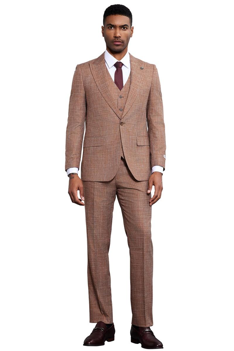 Men's Stacy Adams Vested Sharkskin Weave Pattern Suit in Light Rust - 38 Regular