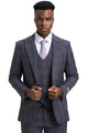 Men's Stacy Adams One Button Peak Lapel Double Breasted Vest Suit in Charcoal Grey Plaid