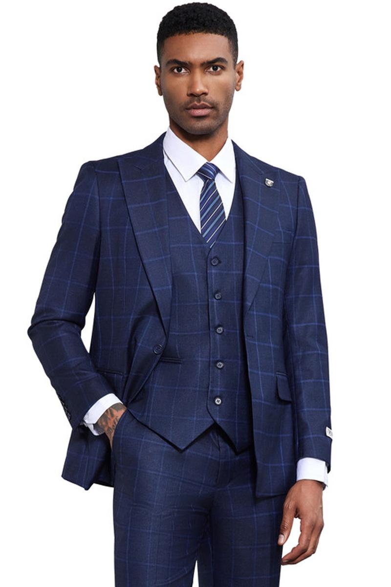 38 Men's Stacy Adams Classic One Button Vested Windowpane Suit in Navy Blue