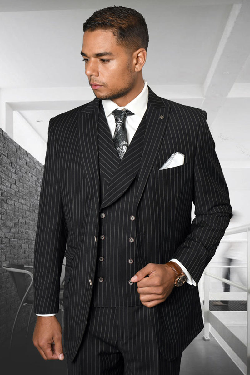 Men's Designer Wool Flat Front Pant Vested Suit in Bold Black Gangster Pinstripe - 36 Short