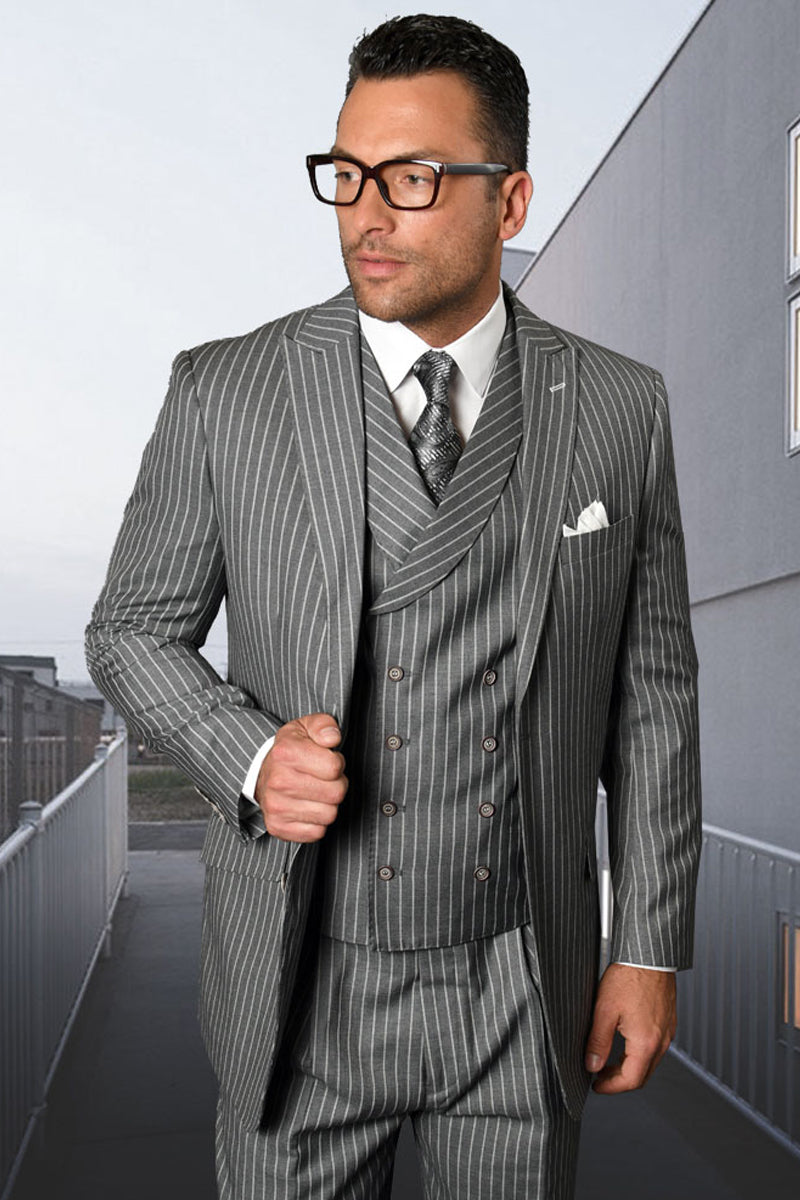 Men's Designer Wool Pleated Pant Vested Suit in Bold Grey Gangster Pinstripe - 36 Short