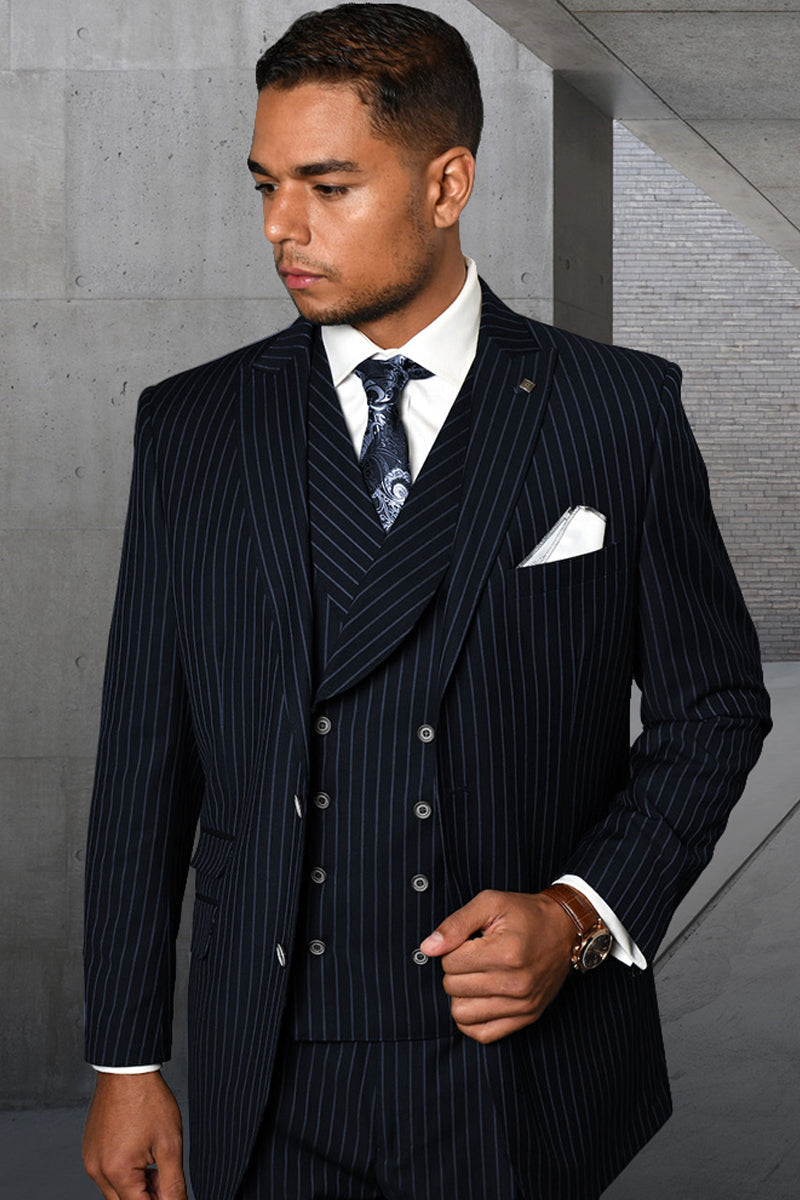 Men's Designer Wool Pleated Pant Vested Suit in Bold Navy Gangster Pinstripe - 36 Short