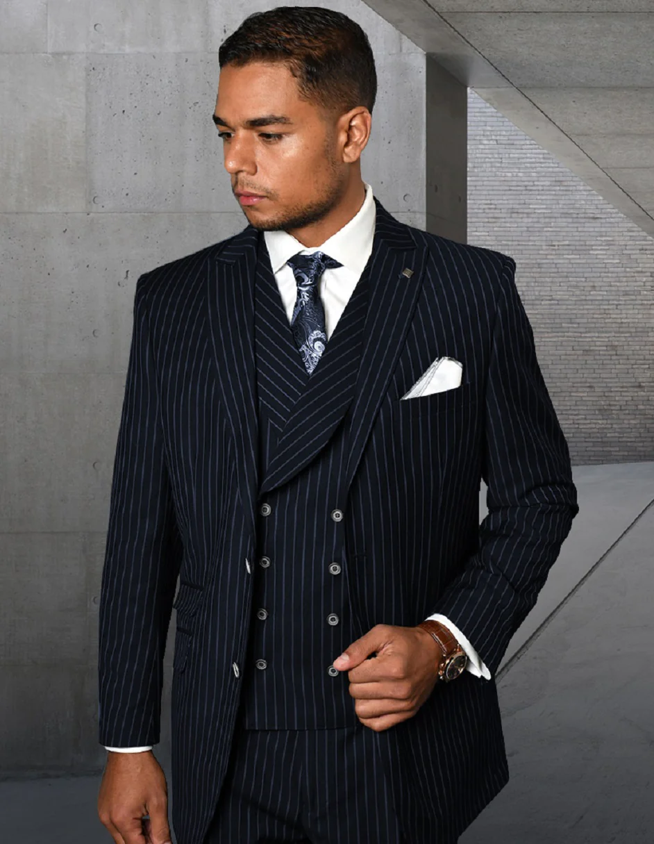 Mens Gangster Pinstripe 2 Button Double Breasted  Suit in Navy - 38 Short Jacket+32 Waist Adjustable 28to34)(Height: 5 4 to5 7 )(Neck  15-16.5)S-M)