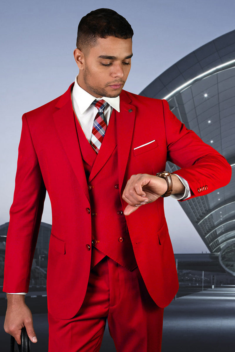 Men's Designer Modern Fit Double Breasted Vest Wool Wedding Suit in Red - 36 Short