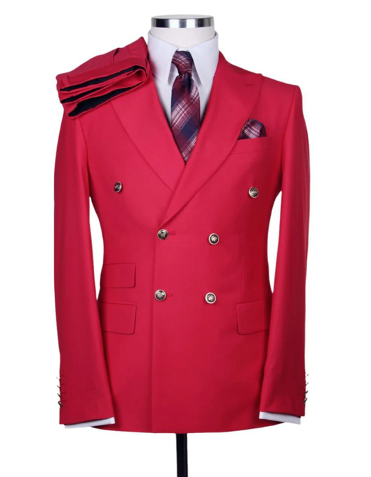 Best Mens Designer Modern Fit Double Breasted Wool Suit with Gold Buttons in Red - Red Prom Suit