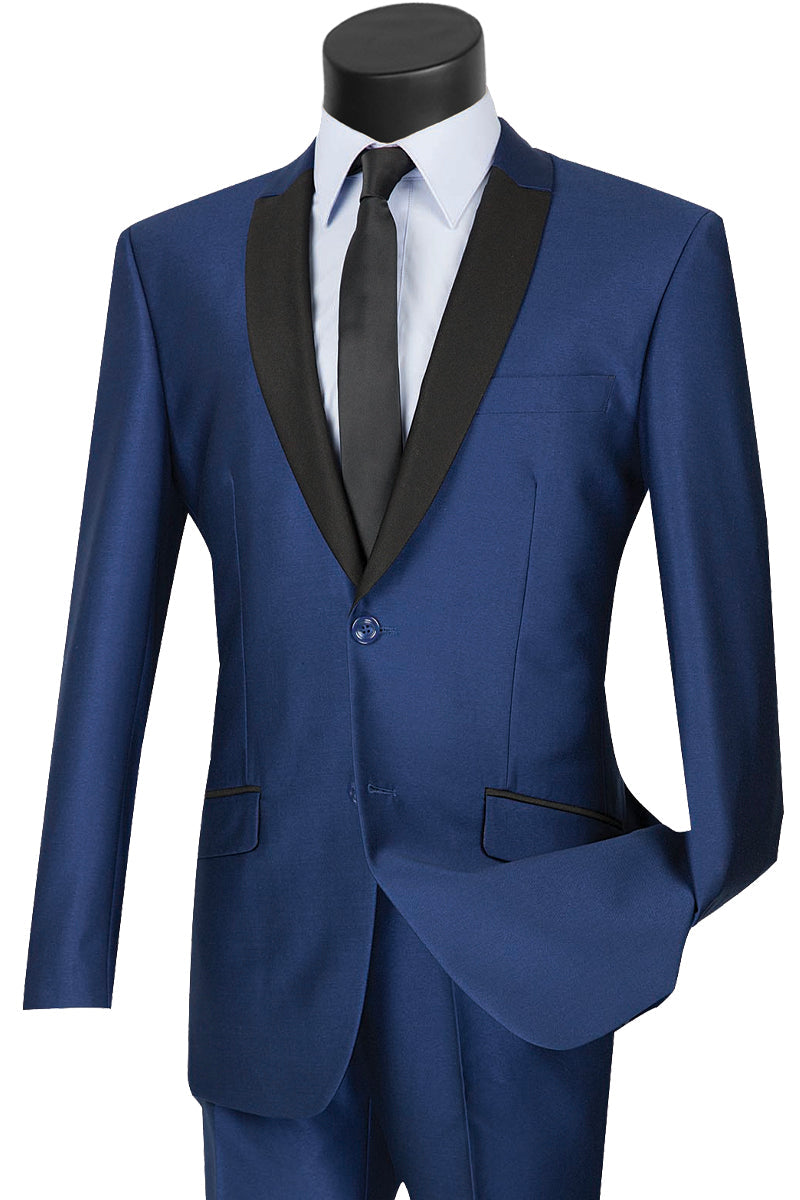 Mens 2 Buttton Slim Contrast Peak Lapel Tuxedo in Navy - 36 Short