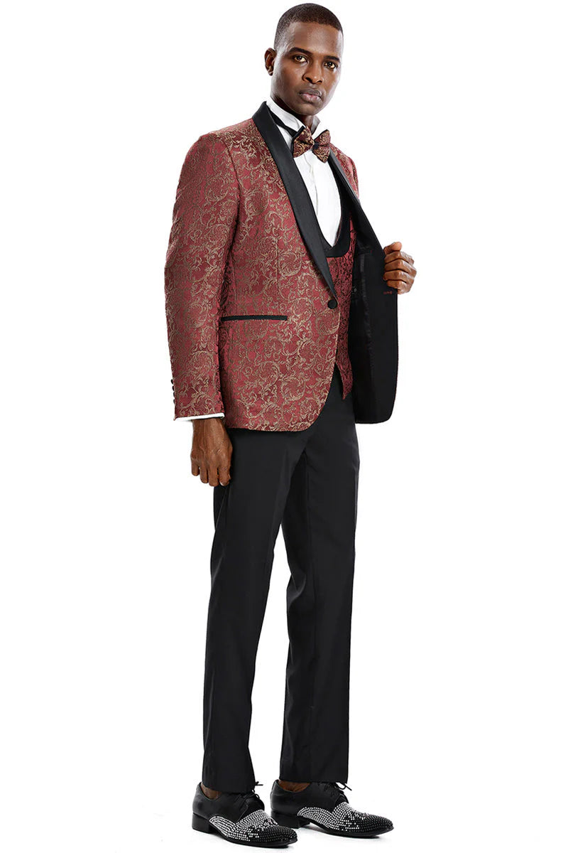 "RED & GOLD PAISLEY MEN'S ONE BUTTON VESTED SHAWL TUXEDO FOR PROM & WEDDING"