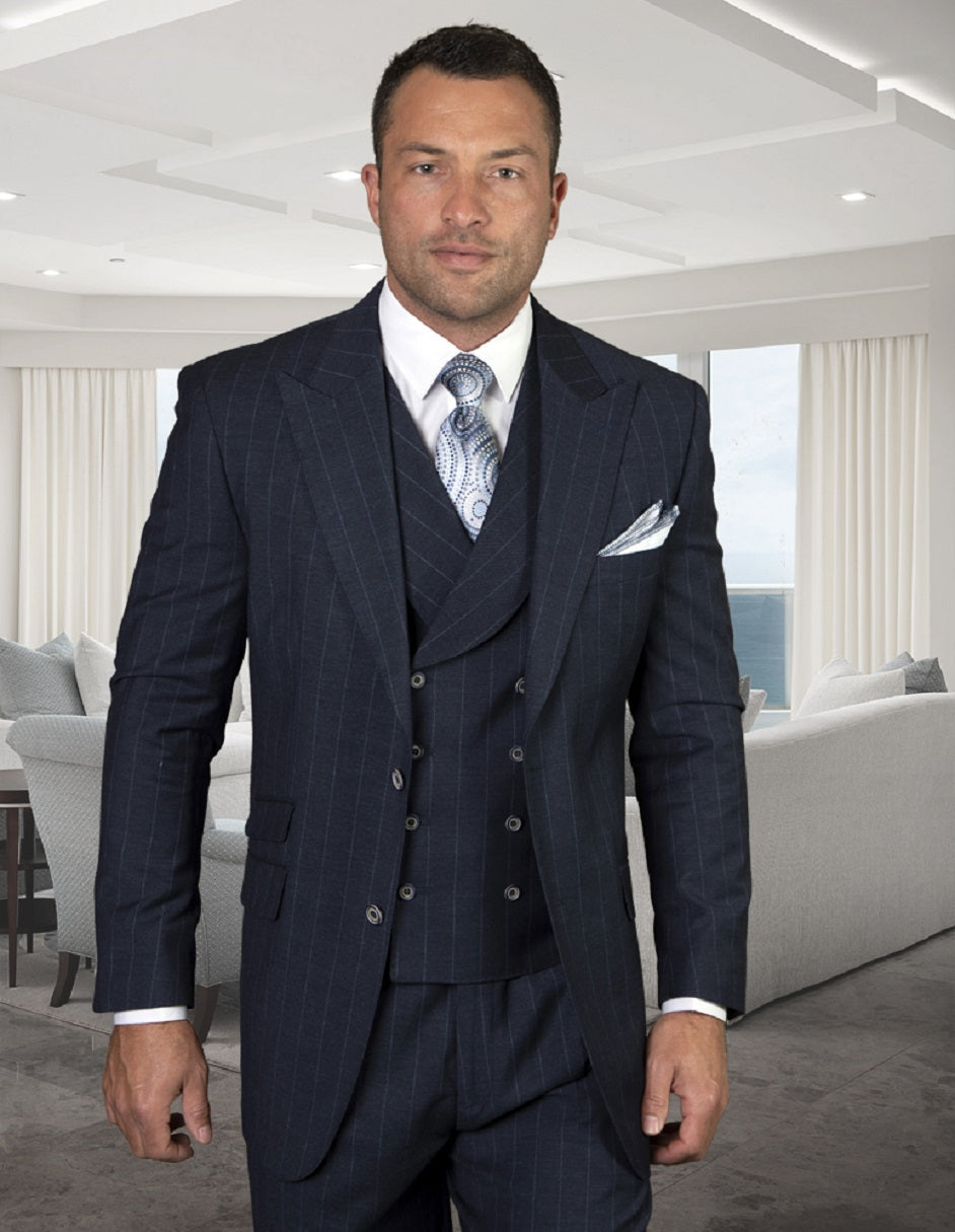 Mens Classic Fit Pleated Pant Wide Peak Lapel Wool Suit with Double Breasted Vest in Navy Pinstripe - 34 Short
