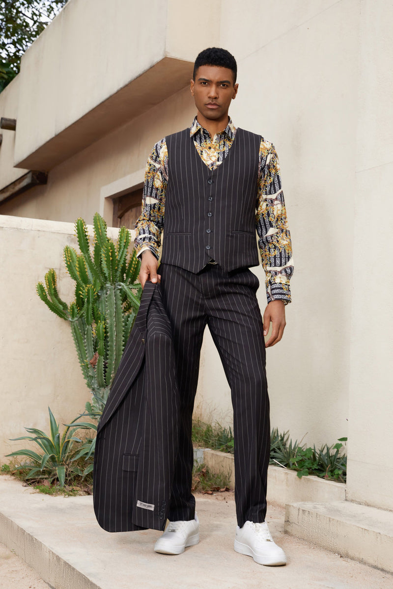 "Stacy Adams Men's Modern Black Pinstripe Vested Suit - One Button"