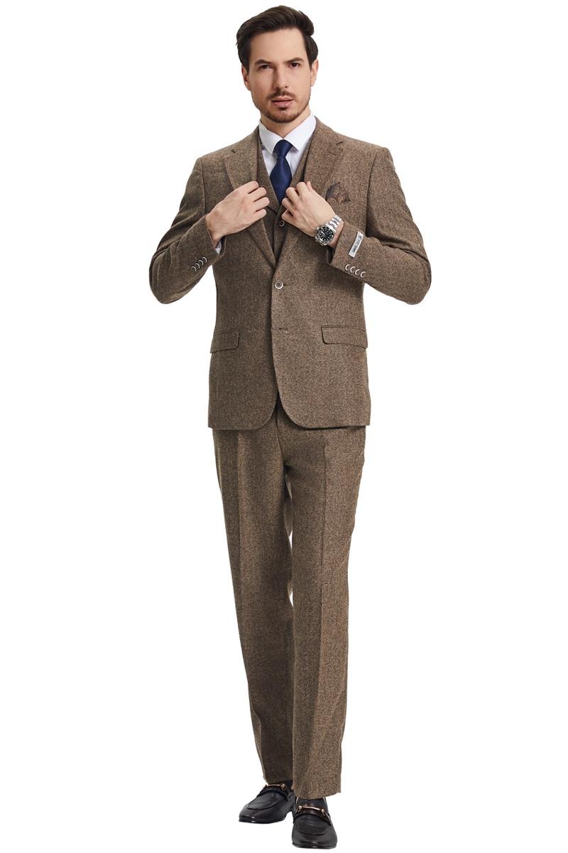 Men's Stacy Adams Vested Vintage Herringbone Tweed Suit in Light Brown - 38 Regular