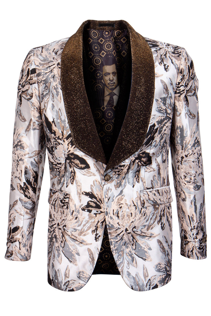 "Safari Print Men's Velvet Tuxedo Jacket with Glitter Shawl - Tan"