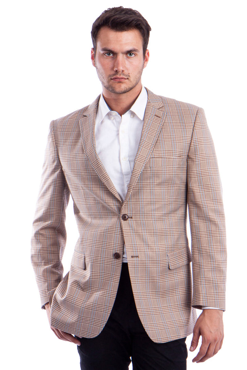"Men's Regular Fit Sport Coat - Two Button, Tan & Blue Windowpane Plaid" - 34 Short