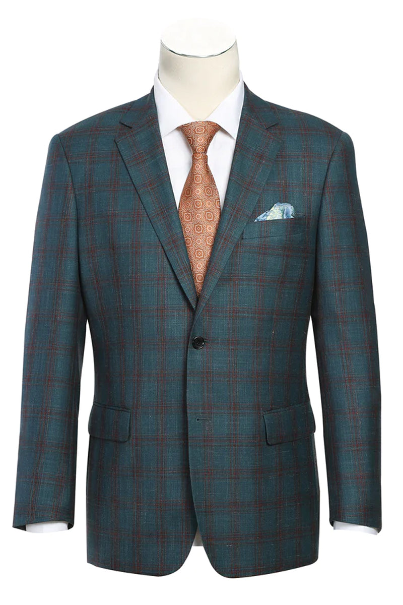 "Classic Fit Men's Wool & Linen Sport Coat Blazer - Teal Blue Windowpane Plaid"