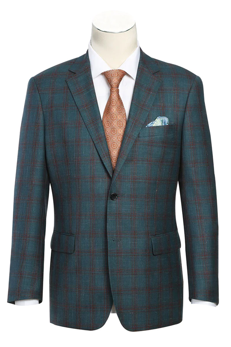"Classic Fit Men's Wool & Linen Sport Coat Blazer, Teal Blue Windowpane Plaid" - 40 Regular